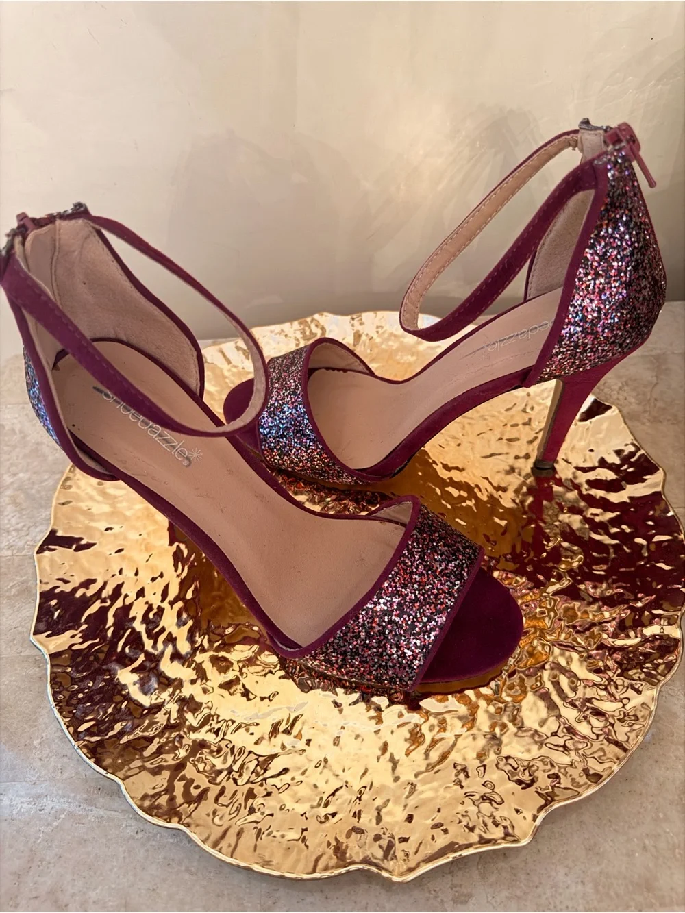 Shoe Dazzle Burgundy Glitter Ankle-Strap Heels NWOT
